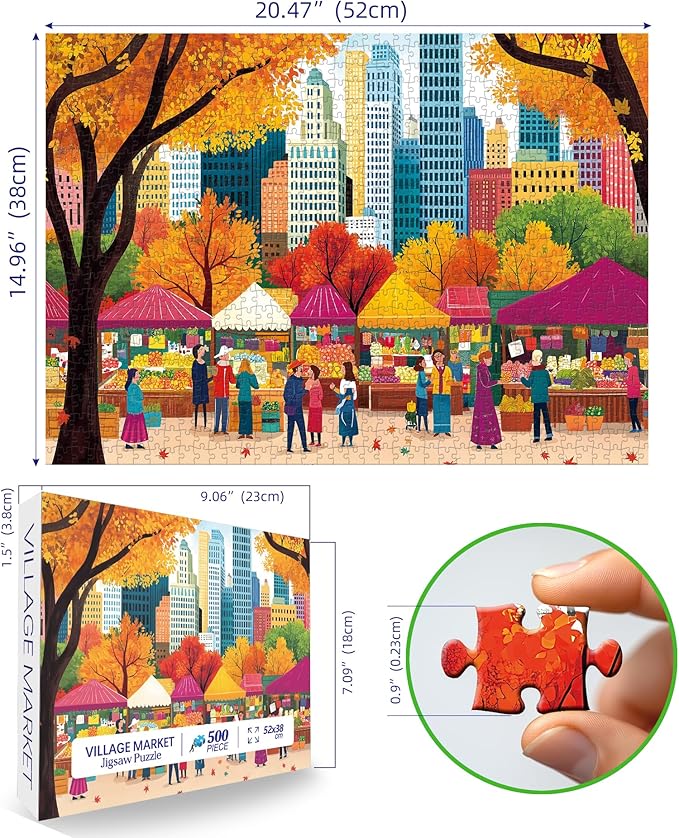 Blueforest Fall 500 Piece Puzzle for Adults - Autumn Farmers Market Shaped Jigsaw, Unique Maple Leaf Border Art & Collector's Challenge (23"x15")