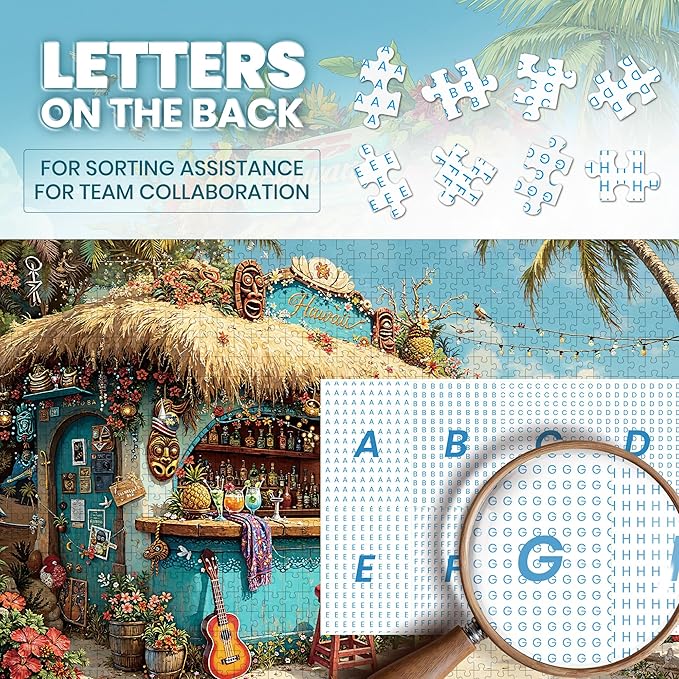 Puzzles for Adults 1000 Pieces, Hawaii Beach Tiki Bar Tropical Ocean Summer, Nature 1000 Piece Puzzle for Adults Seniors, Hard Jigsaw Puzzles with Letters on Back, 1:1 Poster