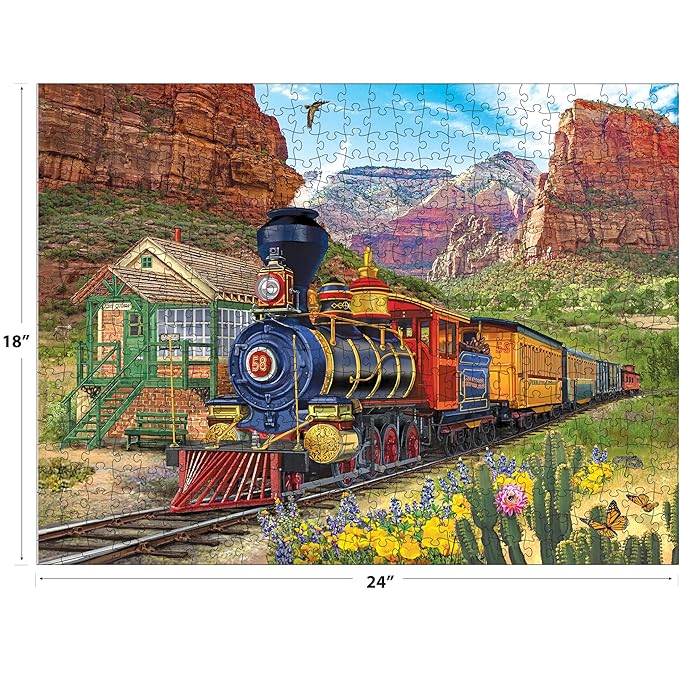 RoseArt - Chris Bigelow Illustrations - Canyon Express 500 Piece Jigsaw Puzzle - Colorful Country Train in Rural Desert Landscape – Adult Puzzle – Finished Size 18 x 24, Made in USA