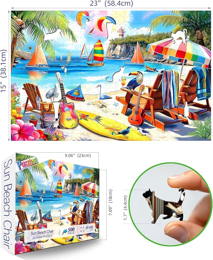 500 Piece Puzzle for Adults, Vibrant Tropical Beach Scene with Palm Trees Jigsaw Puzzle for Adults, Sun Beach Chair Sailboats Challenging Jigsaw Puzzles Game for Family & Friends (23x15 inch)