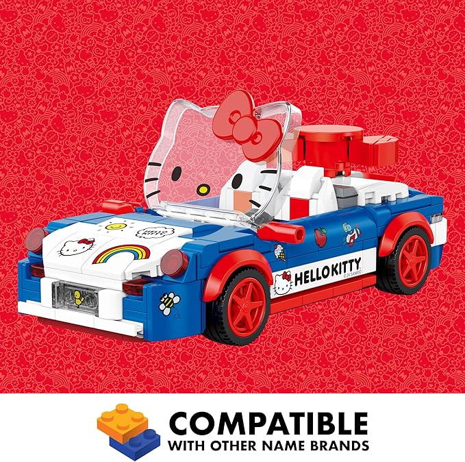 Brickcraft Officially Licensed Sanrio Hello Kitty Convertible Car Building Set, 294-Piece Multicolor Brick Kit with Detailed Character Face, Sticker Sheet Included