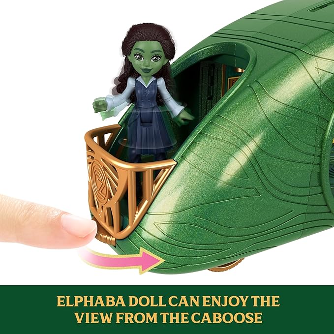 Mattel Universal Pictures’ Wicked Emerald City Train Playset with Elphaba Small Doll, 3 Play Spaces & 14 Accessories, Inspired by The Movie