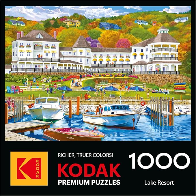 RoseArt - Kodak Premium - 1000 Piece Jigsaw Puzzle for Adults– Lakeside Resort – Peaceful Waterfront Hotel & Boats Scene – Bright, Detailed Artwork – 26.625 x 19.25 Inches