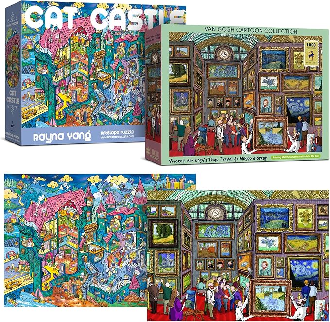 Antelope 2 in 1 1000 Piece Puzzle Bundle - Van Gogh's Time Travel to Muse Da Orsay & Cat Castle