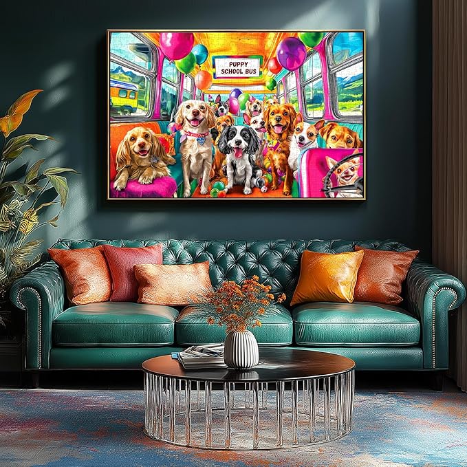 Puppy School Bus Party 500 Piece Puzzle for Adults, Fun Puzzles for Adults 500 Pieces with HD Print & Poster, 23" X 15" Dust Free, for Gifts Halloween Christmas Family Lovers