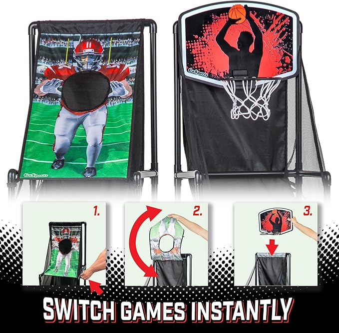 GoSports 2 in 1 Basketball & Football Toss Arcade Game - Indoor & Outdoor Toy Hoop for Kids Ages 3-8