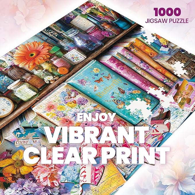 1000 Piece Puzzles for Adults, Vibrant Floral Book Jigsaw Puzzles 1000 Pieces, Flower Handbook Nook Puzzles with Letters on Back, Creative Games Gifts and Home Decor, 27.5" × 19.6“, 1:1 Poster