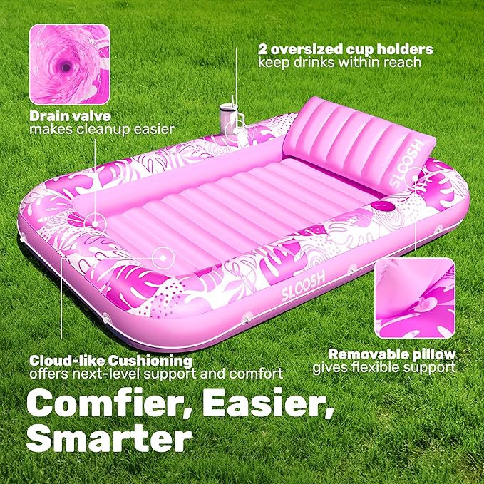 SLOOSH Inflatable Tanning Pool Lounger Float, 85" x 57" Extra Large Pool Floats Adult with Pillow, 4 in 1 Suntan Tub Raft Floatie,Sunbathing Bed Lounge Blow Up Ball Pit Party Gifts, XL-Hot Pink