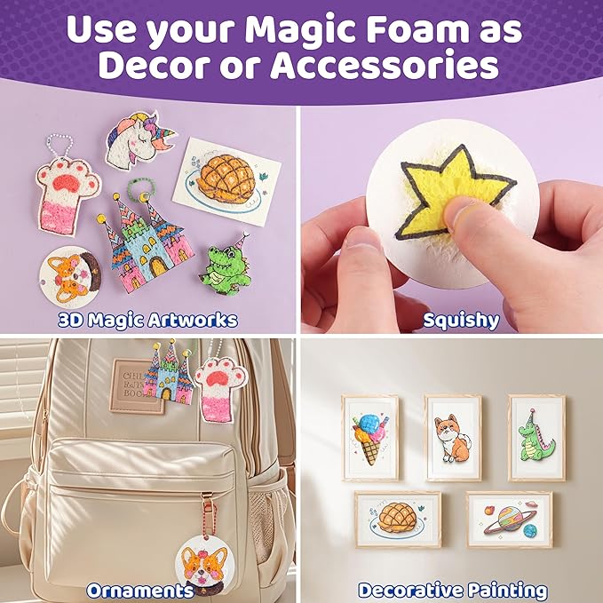 70PCS Magic Foam Texture Painting Kit, Magic Puffy Paint Kit with 30 Foam Texture Paper, 24 Colors Acrylic Paint Markers, Hole Punch Mini Display Stand, 3D Painting Craft Gift for Birthday, Christmas