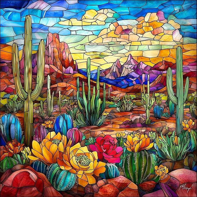 Stained Glass Desert Landscape Jigsaw Puzzle for Adults 500 Piece, Colorful Cactus and Mountain Scene Difficult Puzzles Perfect for Game Night, Gift for Nature Lover, Relaxing & Decor, 20x20 in