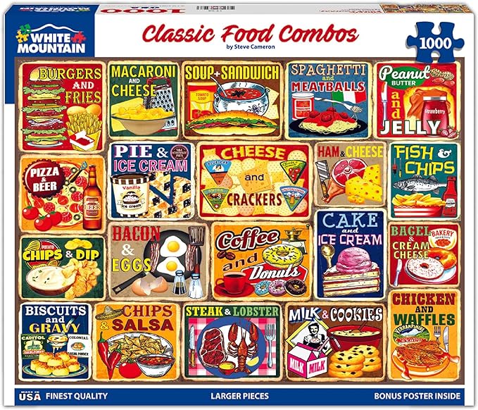 White Mountain 1000 Piece Jigsaw Puzzle Nostalgic Vintage Collage Puzzles with Large Pieces for Adults and Family 24"x30" - Classic Food Combos