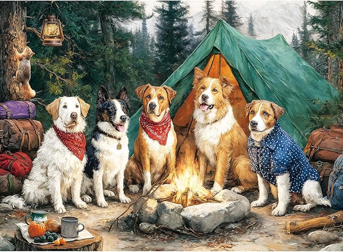 300 Piece Puzzles for Adults Large Piece, Dogs Forest Campfire Camping Jigsaw Puzzle, Funny Gift for Adult Kids, Challenging Puzzle Perfect for Game Nights, 20.5 X 15 in