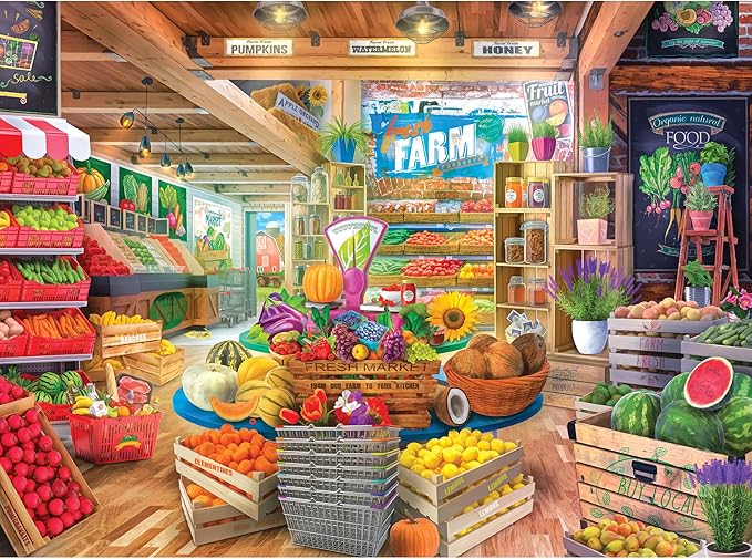 RoseArt - My Happy Place - Organic Fresh Market 1000 Piece Jigsaw Puzzle, Colorful Farm Stand Scene, Made in USA