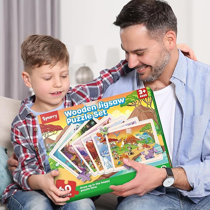 SYNARRY Wooden Dinosaur Puzzles for Kids Ages 4-6, 6 Packs 60 PCs Jigsaw Puzzles Educational Toys Gifts for Children Ages 4-8, Easter Basket Stuffers Gifts Toys for Kids
