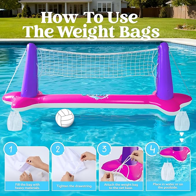JOYIN Inflatable Pool Float Set Volleyball Net & Basketball Hoops, Floating Swimming Game Toy Floaties for Kids and Adults Volleyball Court (105”x28”x35”)|Basketball (27”x23”x27”),L-Pink Purple