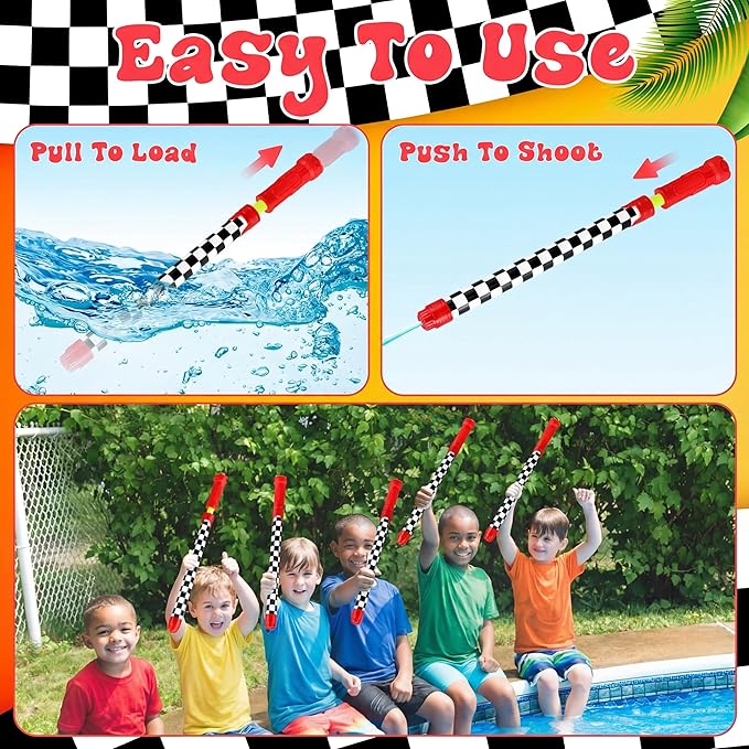12 Pack Race Car Party Favors Water Gun Blaster 15.75 in Black and White Checkered Racing Water Shooter Blasters Gun for Kids Summer Outdoor Swimming Pool Backyard Beach Summer Games