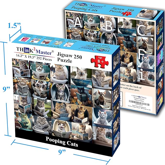 Think2Master Pooping Cats 250 Pieces Jigsaw Puzzle Featuring heartwarming Kittens and Cats. Perfect Bathroom Decoration, White Elephant Gag Gift. Fun Puzzle for Adults & Teens. Size: 14.2” X 19.3”