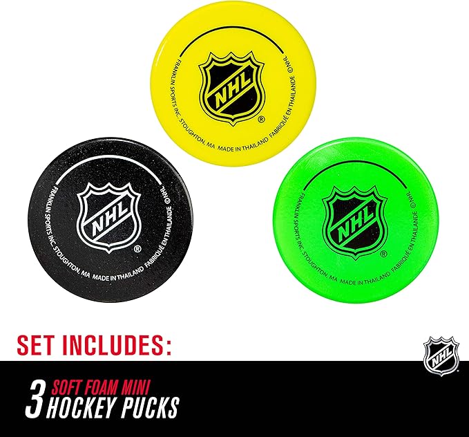 Franklin Sports Mini Foam Hockey Pucks - Indoor Knee Hockey Pucks for Kids - 3 Soft Foam Pack - Assorted Colors