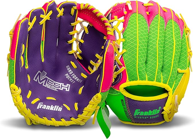 Franklin Sports Kids Baseball Glove + Foam Ball Sets - Meshtek Youth Teeball Gloves for Kids + Toddlers - Left + Right Hand Throw - 9.5" Inch