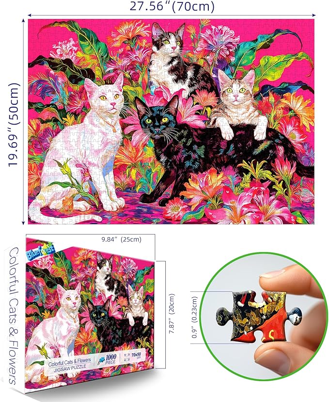 Spring Cat & Flower 1000 Piece Puzzles for Adults Clearance, Colorful Fun Puzzles for Adults 1000 Pieces with HD Print & Poster, 27.5" X 19.7" Dust Free, for Gifts Halloween Christmas Family Games