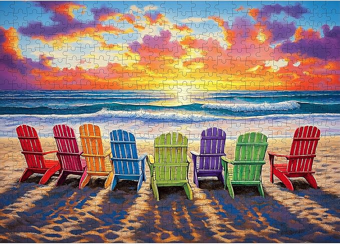 Beach Puzzles for Adults 500 Pieces - Colorful Puzzles Beach Lounge Chair Scene, Summer Jigsaw Puzzle with Letters on Back, Challenging Hard Difficult Sunset Landscape Puzzle as Home Coast Art Decor