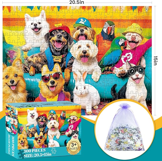 300 Piece Puzzles for Adults, Funny Dog, Cat, Bunny Cartoon Animal Puzzle, Colorful Pet Jigsaw Puzzles for Adults, Seniors, and Kids, Finished Size 20.5 x 15 in, Ideal Gift Choice