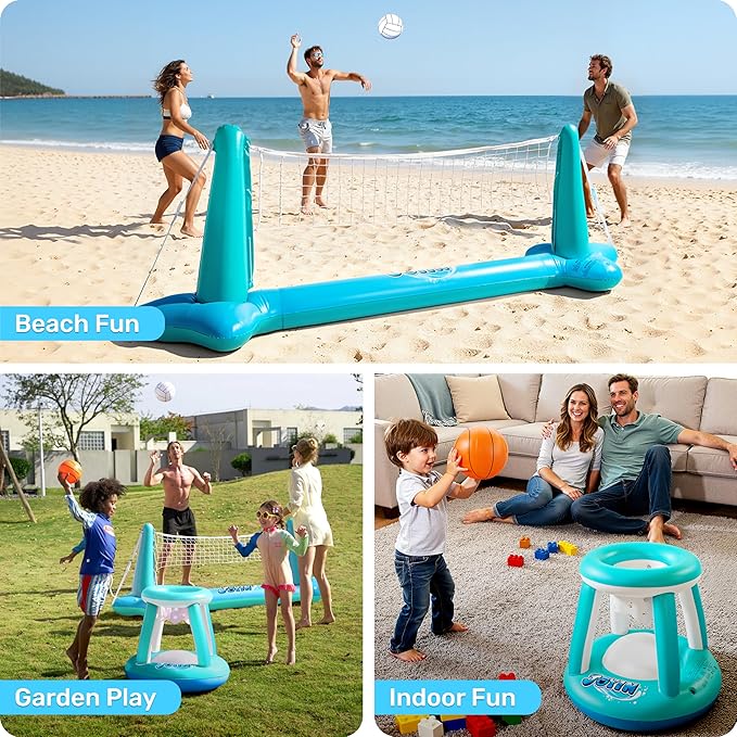 JOYIN Inflatable Pool Float Set Volleyball Net & Basketball Hoops, Floating Swimming Game Toy for Kids and Adults, Summer Floaties, Volleyball Court (105”x28”x35”)|Basketball (27”x23”x27”),L-Blue