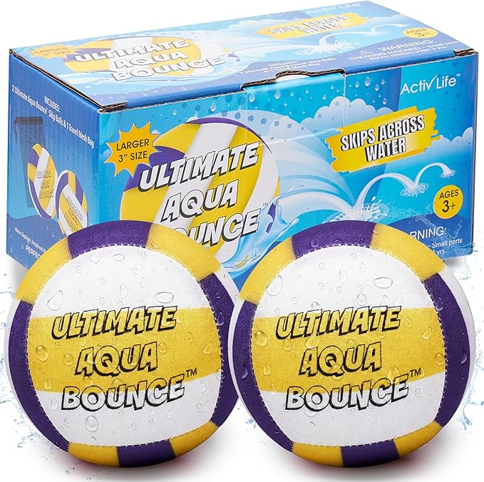 Activ Life Ultimate 2 Pack Larger 3” Water Skip Balls - Bouncing Balls for Swimming Pool & Beach Fun - Designs Include Baseball, Basketball, Volleyball, and Tennis for Kids, Friends, and Family