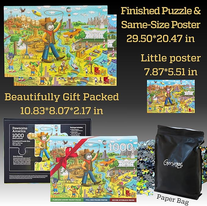 1000 Piece Puzzle for Adults & Kids - Funny Cats & Dogs USA Map Puzzle, Gift-Ready Box, Letters on Back, 8 Jigsaw Puzzle Saver Sheets & Full-Size Poster by GERJATO - Fun Educational Gift for All Ages