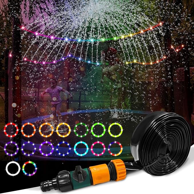 2Pcs Outdoor Trampoline Set, 12Ft LED Trampoline Light and Trampoline Sprinkler, Outdoor Trampoline Backyard Water Park, 16Color Change,Waterproof, Bright to Play at Night Outdoors, Good Gift for Kids
