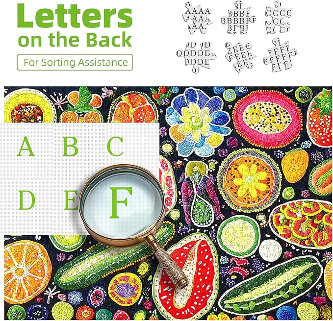 Colorful Fruits and Vegetables Jigsaw Puzzles 500 Pieces for Adults - Vibrant Whimsical Food Collage Art Puzzle with with Letters on Back 500 Piece Challenging Puzzle for Seniors(23''X15'')