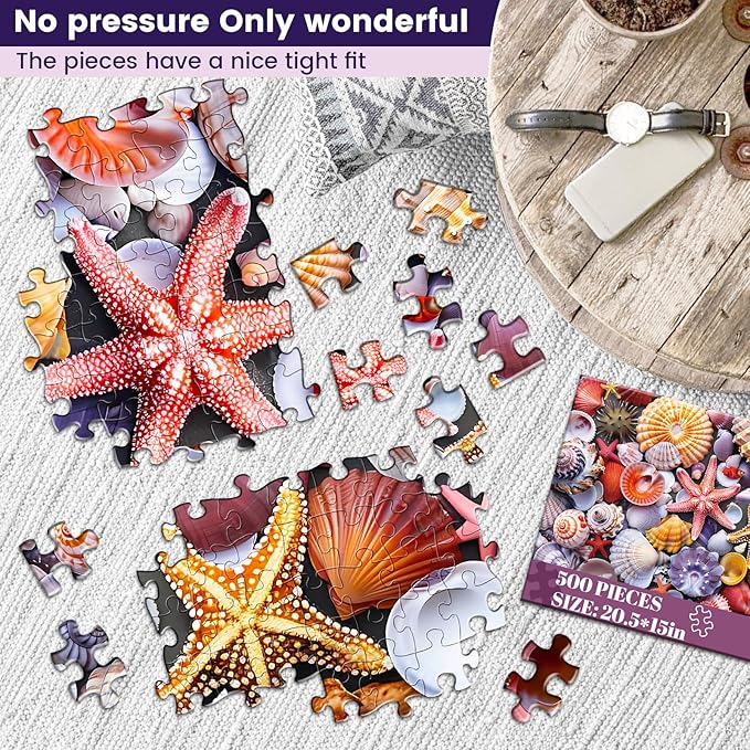500 Pieces Jigsaw Puzzles for Adults–Colorful Beach Shells Puzzle for Adults Elderly–Recycled Paper Puzzle 500 Pieces–Glossy, Sturdy Pieces Challenging Family Game Great Gift Idea (20.5x15in)
