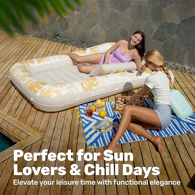 SLOOSH Inflatable Tanning Pool Lounger Float, 85" x 57" Extra Large Pool Floats Adult with Pillow, 4 in 1 Suntan Tub Raft Floatie,Sunbathing Bed Lounge for Water Blow Up Ball Pit, XL-Golden White