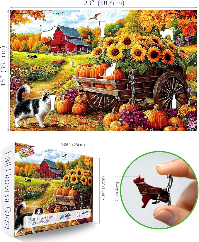 MINIWAN 500 Piece Puzzles for Adults - Autumn Farm Pumpkin Sunflower Cat Jigsaw Puzzle, 23x15 Inches with Unique Irregular Shaped Pieces for Relaxation & Home Wall Decor