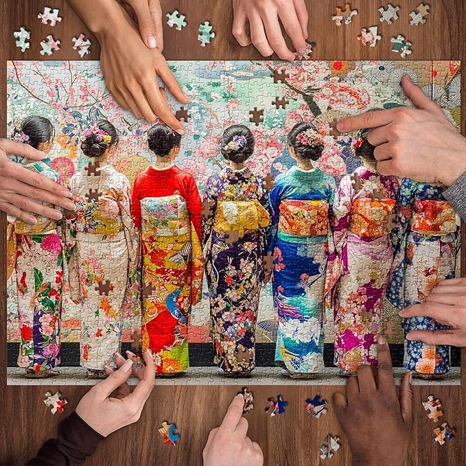 PICKFORU Elegant Kimono Puzzles for Adults 1000 Pieces, Intage Cherry Blossom Geisha Puzzles, Colorful Unique Japanese Art Puzzle as Wall Decor