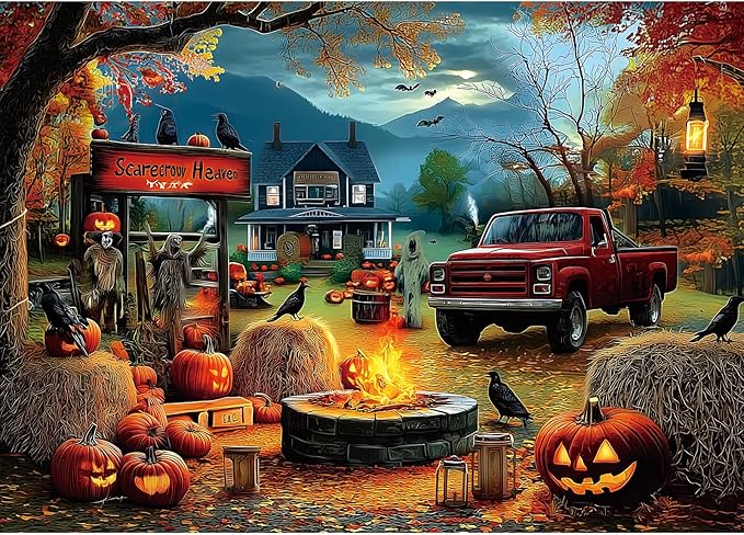 Halloween 1000 Piece Puzzle for Adults, Halloween Jigsaw Puzzle Autumn Fall Horror Spooky Scarecrow Heaven Scene with Pumpkin Lanterns & Ghost Truck for Party Game, Family Fun