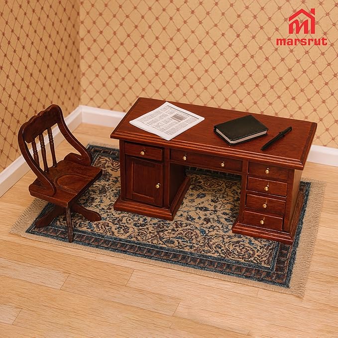 1/12 Scale Wooden Dollhouse Desk and Chair Set, Miniature Office Furniture, Computer Table Accessory, Retro Writing Simulation Doll House Accessories for Photo Props Scene