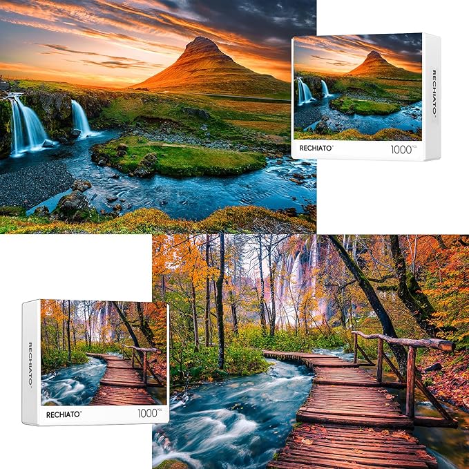 Jigsaw Puzzles for Adults, 2 Pack Puzzles for Adults 1000 Pieces,Sunset Over Kirkjufell in Iceland & Wooden Long Bridge in Plitvice National Park, Gifts for Women &Mom