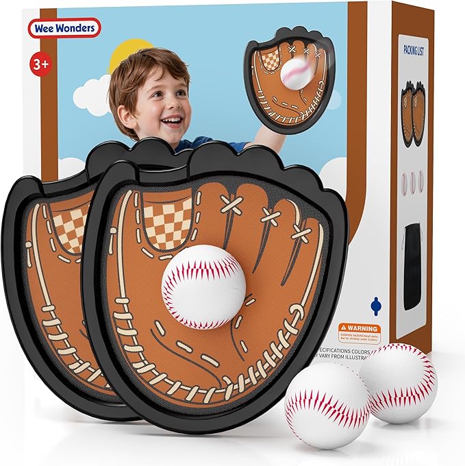 Toss and Catch Ball Set, Toddler Baseball Glove Includes 2 Paddles & 3 Sticky Balls, Catching Ball Game for Beach Yard Pool Outside, Indoor Outdoor Toys Gifts for Kids Ages 3-12, Brown