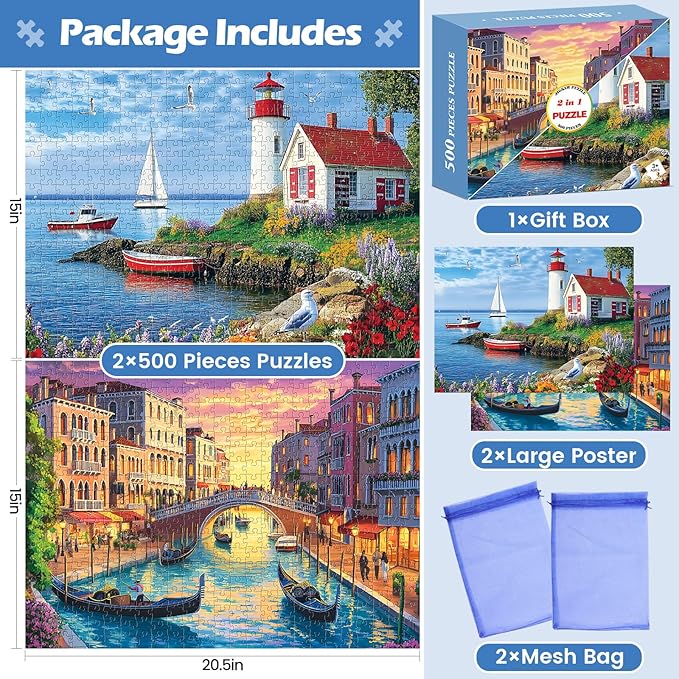 2 Pack 500 Pieces Puzzle for Adults,Beach Jigsaw Puzzles 500 Pieces City Building Puzzles Scenery Puzzle 500 Piece Premium Cardboard Jigsaw Puzzle for Tabletop Challenging Family Activity Gift Toy