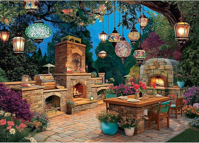 Blueforest 1000 Piece Jigsaw Puzzle for Adults - Enchanted Garden Patio: Mosaic Lanterns, Stone Fireplaces & Night Blooms, 27.5x19.7 Inch