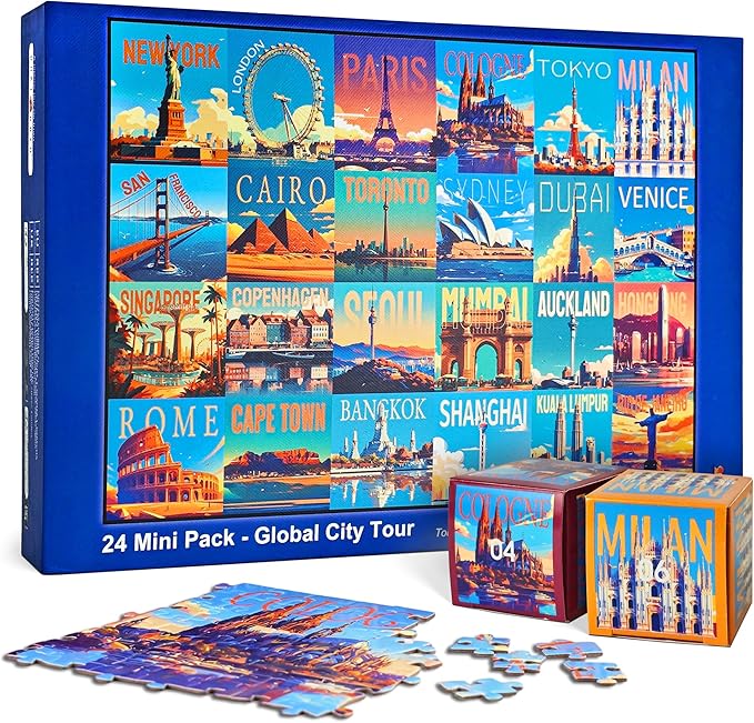 rokt&razo, Global City Tour, 24 Mini Pack Jigsaw Puzzles, 1000 Pieces Daily Challenge Pack with Reference Poster, Advent Calendar, Family Game Nights, Finish Size 27.5 * 19.7 in (Index on The Back)
