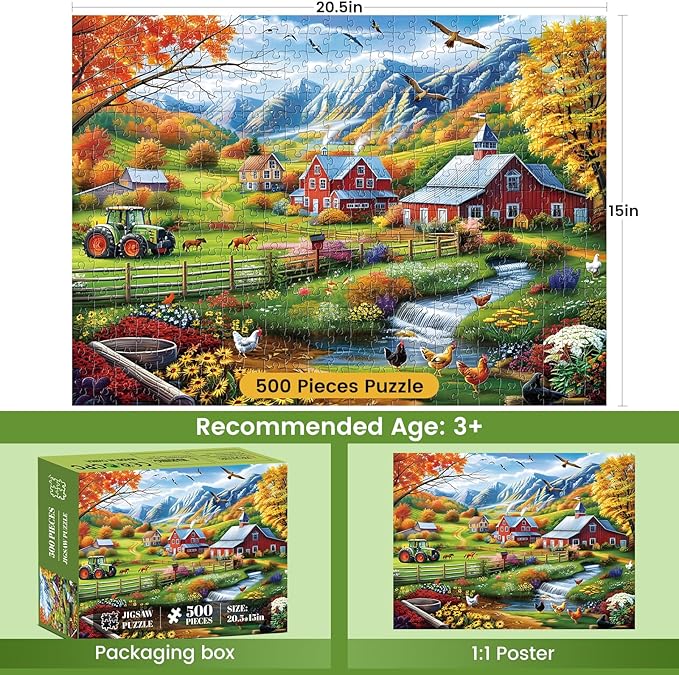 500 Piece Puzzles for Adults,Countryside Farm Scene Jigsaw Puzzle for Seniors Adults,Chicken Horse Water Puzzle with Letter on Back,No Dust,Challenging Family Puzzle Perfect for Game Nights,20.5*15In