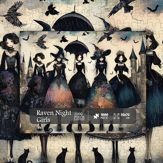 Raven Night Jigsaw Puzzle 1000 Pieces, Hard Puzzles for Adults Gothic Woman, Vintage Art Hard Impossible Puzzle as Scary Halloween Decor