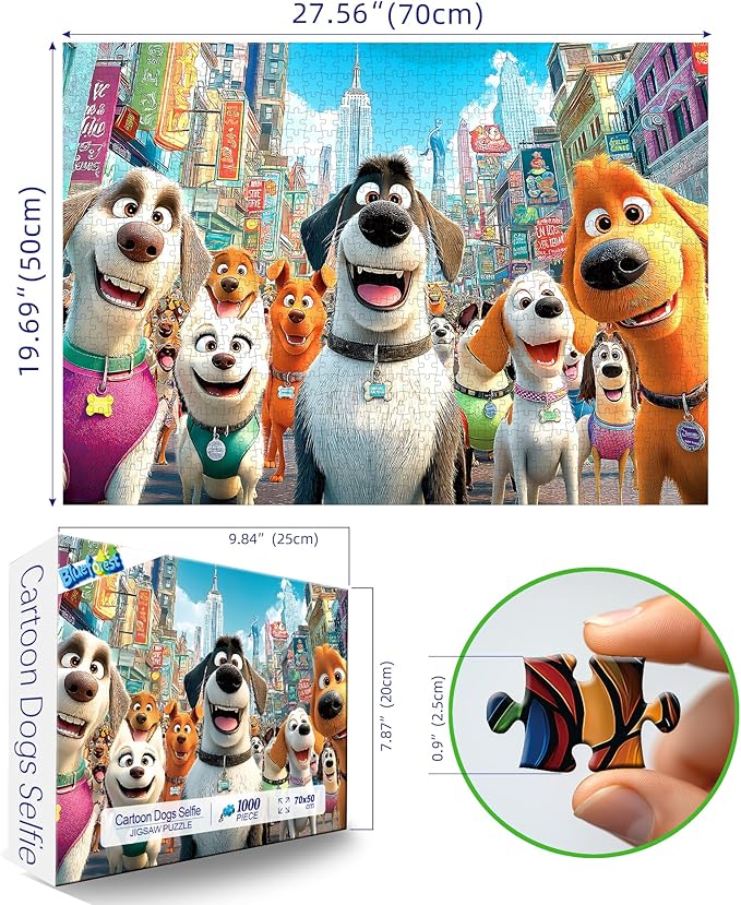 Blueforest 1000 Piece Jigsaw Puzzle for Adults - Joyful City Dog Squad Cartoon Art, 27.5x19.7 Inches Premium Cardboard Puzzles for Relaxation & Home Decor