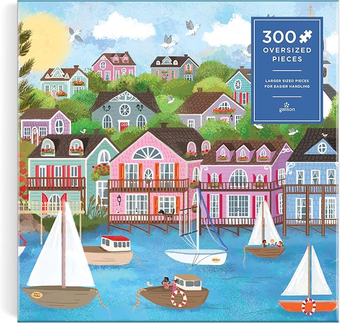 Galison Harbor by The Sea – 300 Piece Joy Laforme Oversized Jigsaw Puzzle Featuring Beautiful Artwork of New England Summer Paradise