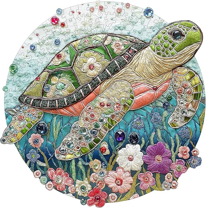 Wooden Puzzles for Adults - Embroidered Turtle Wooden Jigsaw Puzzle, Unique Animal Shaped Wood Puzzles Adult, Christmas Birthday Gifts for Friends/Family, Home Decor, 11.4"x11.3"-200pcs
