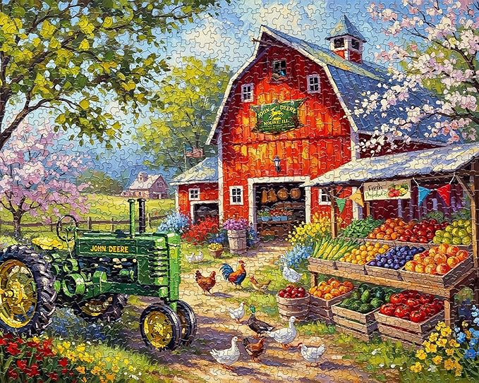 Springbok Spring Farmers Market 1000 Piece Jigsaw Puzzle for Adults - John Deere Tractor - Unique Cut Pieces - Made in USA