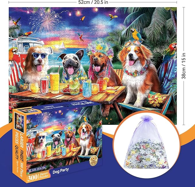 300 Piece Puzzles for Adults, 300 Piece Puzzles for Adults Large Piece, Beach Party Dogs Fireworks Jigsaw Puzzle, Challenging Puzzle Perfect for Game Nights, 20.5 X 15 in