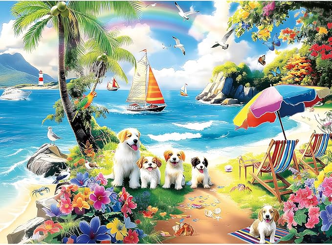 300 Piece Puzzles for Adults, 300 Piece Puzzles for Adults Large Piece, Beach Dogs Flowers Rainbow Jigsaw Puzzle, Challenging Puzzle Perfect for Game Nights, 20.5 X 15 in